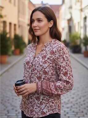 Mason & Belle Womens Button-Front Floral Tunic Top in Rust